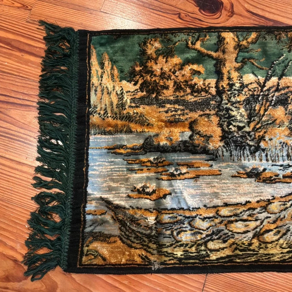 VTG Velvet Peacock Tapestry Wall Hanging Forest Landscape Fringed Whimsigoth EUC